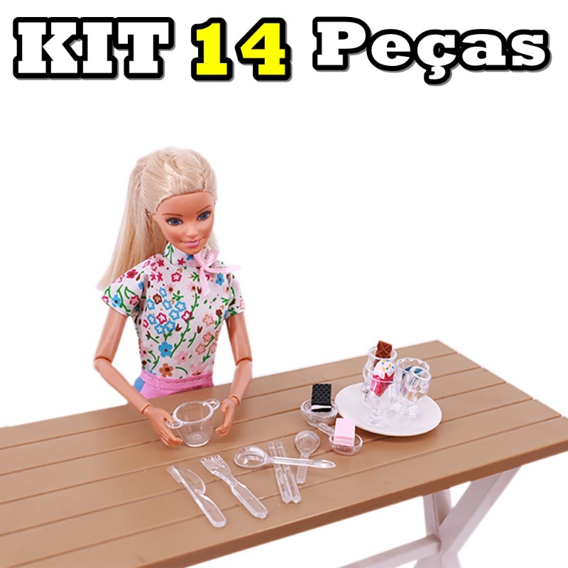 Jogo De Taças, Talheres, Potes e Cumbucas IGUAIS À FOTO Para Barbie (14  Peças) por R$47,90